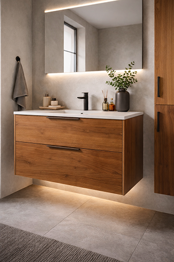 Photo d'un meuble de salle de bain avec façade et finitions en bois vernis proposé par Rascle Agencement en Haute Loire