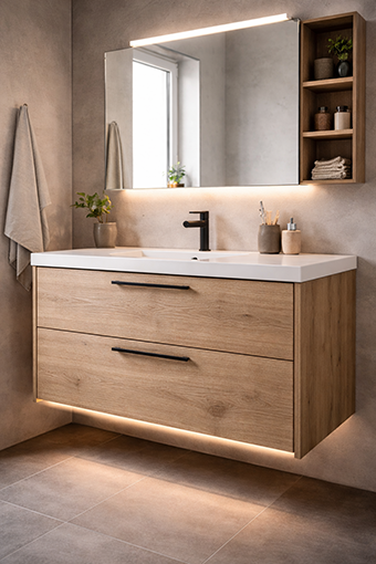 Photo d'un meuble de salle de bain avec façade et finitions en mélaminé proposé par Rascle Agencement en Haute Loire