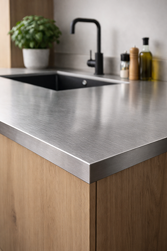 Photo d'un plan de travail en inox brossé proposé par Rascle Agencement en Haute-Loire