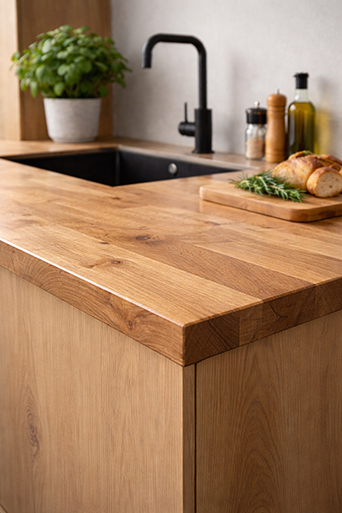 Photo d'un plan de travail en bois massif proposé par Rascle Agencement en Haute-Loire